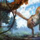 An illustrator’s rendition of a small coelurosaur approaching a resin-coated branch on the forest floor.